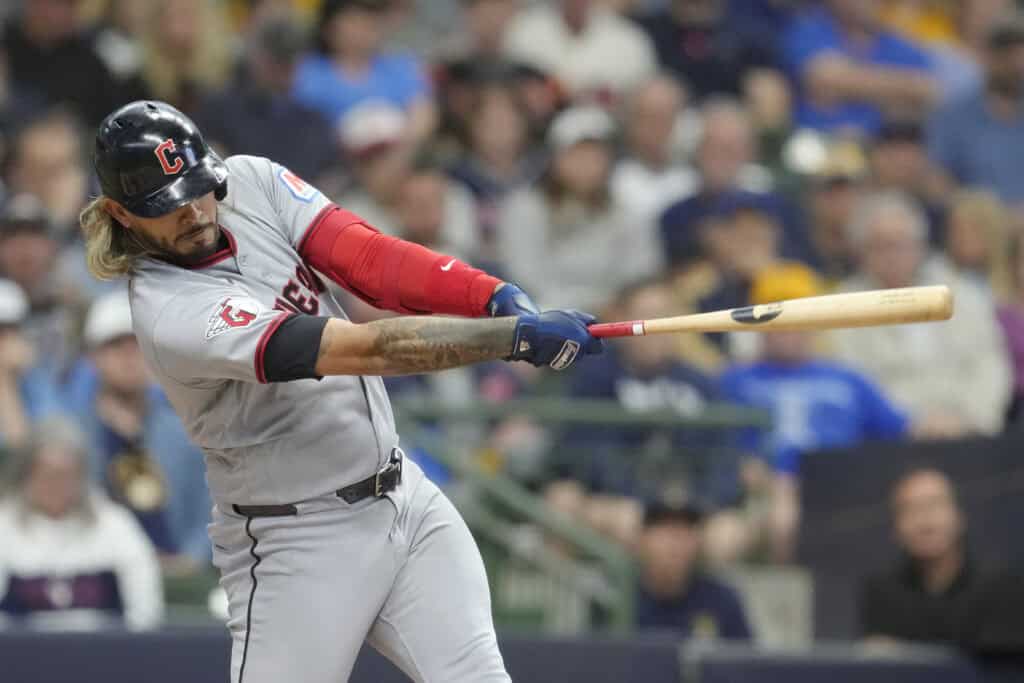 MILWAUKEE, WISCONSIN - JUNE 16: Gabriel Arias #13 of the Cleveland Guardians hits a single against the Milwaukee Brewers during the third inning at American Family Field on June 16, 2026 in Milwaukee, Wisconsin.