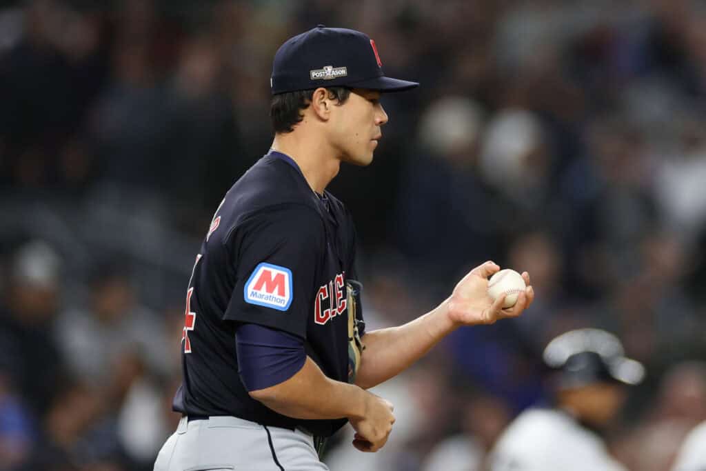 NEW YORK, NEW YORK - OCTOBER 14: Joey Cantillo #54 of the Cleveland Guardians prepares to pitch during the 3rd inning of Game One of the American League Championship Series against the New York Yankees at Yankee Stadium on October 14, 2024 in New York City.