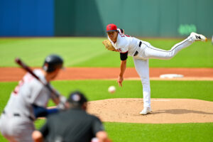 CLEVELAND, OHIO - JUNE 13: Starting pitcher Joey Cantillo #54 of the Cleveland Guardians pitches to Matt Vierling #8 of the Detroit Tigers during the first inning at Progressive Field on June 13, 2026 in Cleveland, Ohio.