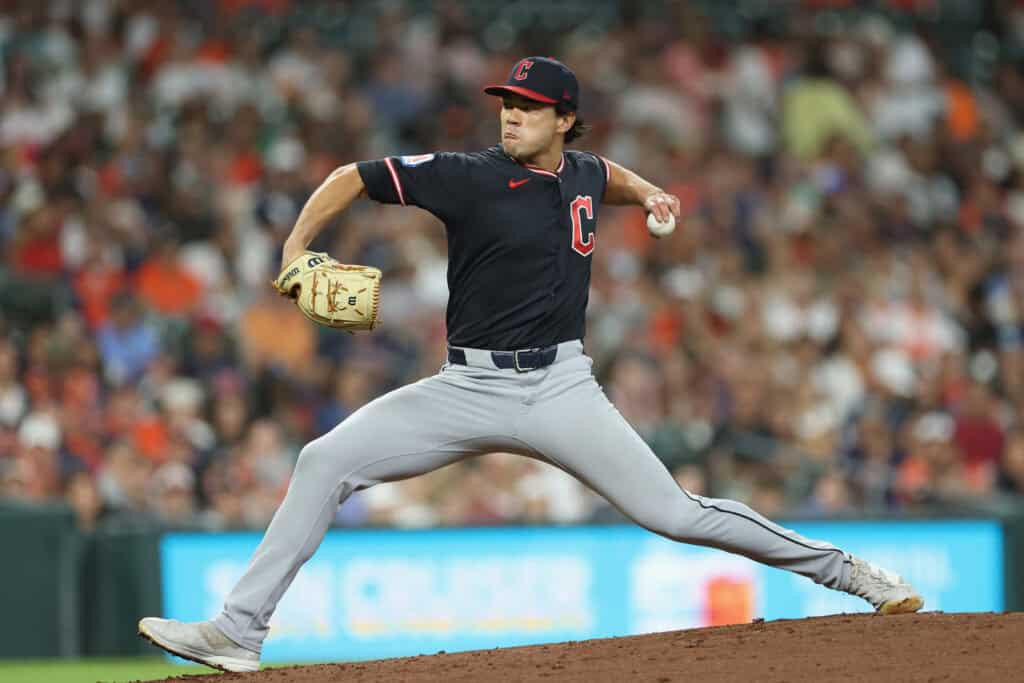 HOUSTON, TEXAS - JUNE 20: Joey Cantillo #54 of the Cleveland Guardians pitches in the second inning against the Houston Astros at Daikin Park on June 20, 2026 in Houston, Texas.