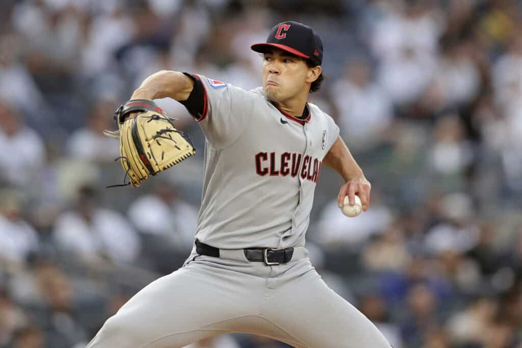 NEW YORK, NEW YORK - JUNE 02: Joey Cantillo #54 of the Cleveland Guardians pitches during the second inning against the New York Yankees at Yankee Stadium on June 02, 2026 in New York City.