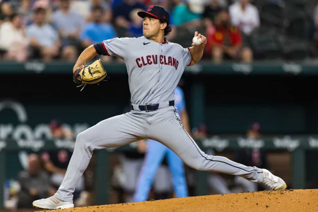 ARLINGTON, TEXAS - JUNE 07: Joey Cantillo #54 of the Cleveland Guardians pitches during the second inning of a game against the Texas Rangers at Globe Life Field on June 07, 2026 in Arlington, Texas.
