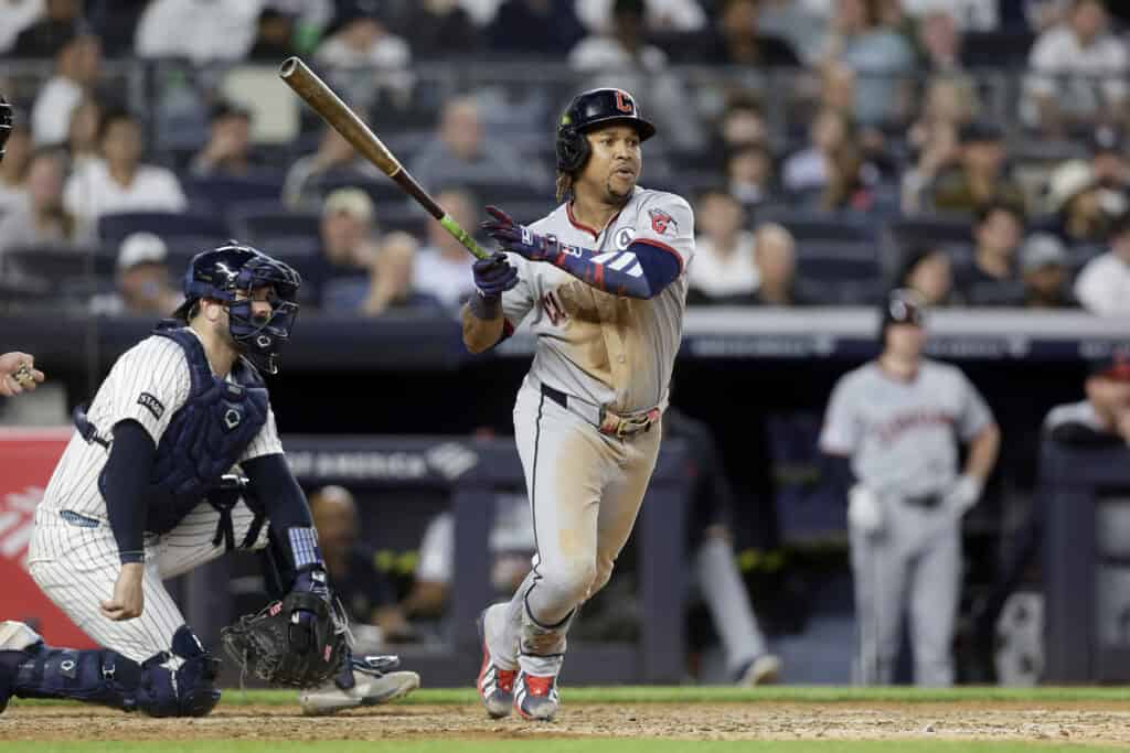 NEW YORK, NEW YORK - JUNE 02: Jose Ramirez #11 of the Cleveland Guardians follows through on his fifth inning RBI double against the New York Yankees at Yankee Stadium on June 02, 2026 in New York City.