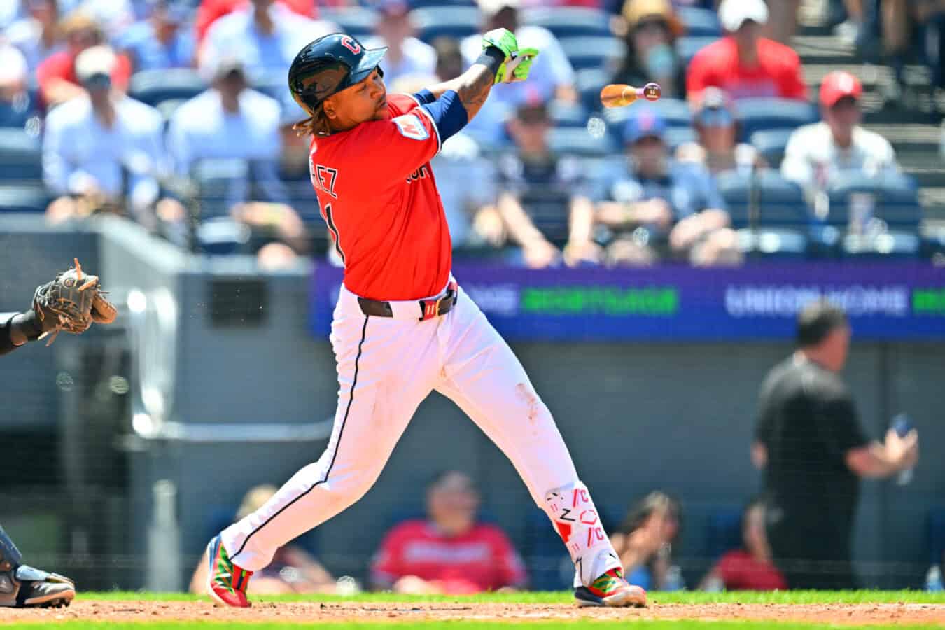 CLEVELAND, OHIO - JUNE 10: José Ramírez #11 of the Cleveland Guardians loses his bat as he swings for strike three during the fifth inning against the New York Yankees at Progressive Field on June 10, 2026 in Cleveland, Ohio.