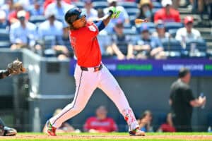 CLEVELAND, OHIO - JUNE 10: José Ramírez #11 of the Cleveland Guardians loses his bat as he swings for strike three during the fifth inning against the New York Yankees at Progressive Field on June 10, 2026 in Cleveland, Ohio.
