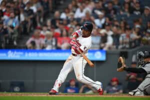 CLEVELAND, OHIO - JUNE 09: José Ramírez #11 of the Cleveland Guardians hits a single during the sixth inning against the New York Yankees at Progressive Field on June 09, 2026 in Cleveland, Ohio.