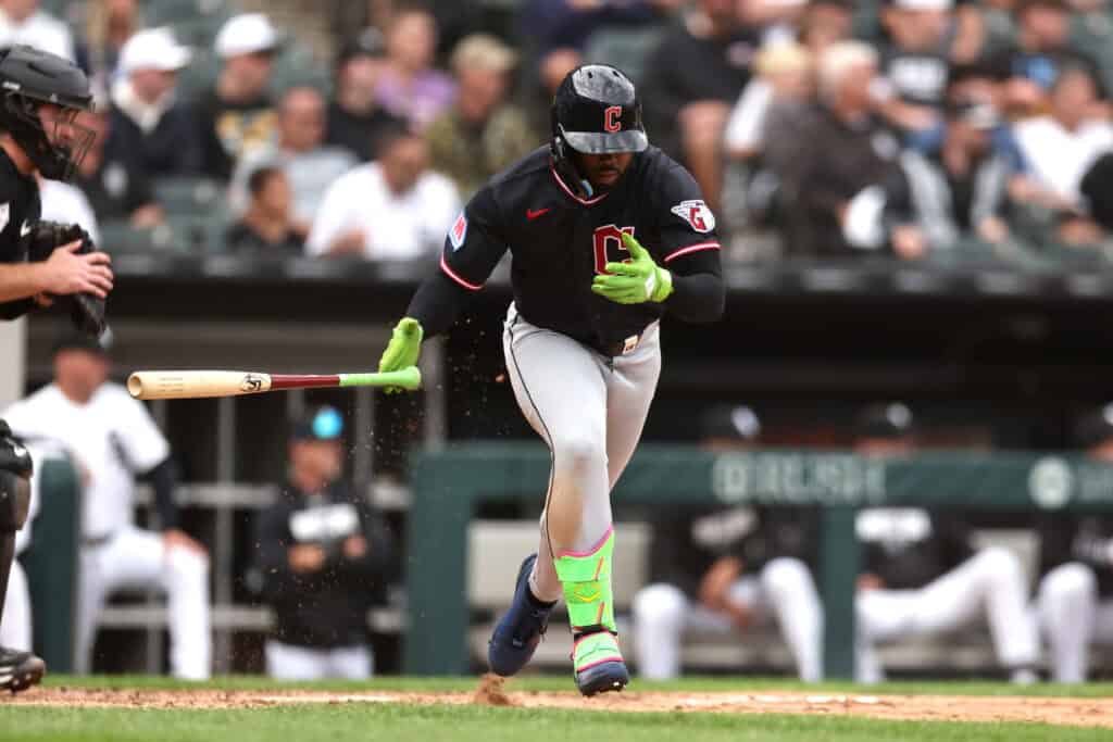 CHICAGO, ILLINOIS - JUNE 24: Kahlil Watson #31 of the Cleveland Guardians hits an RBI double during the sixth inning against the Chicago White Sox at Rate Field on June 24, 2026 in Chicago, Illinois.