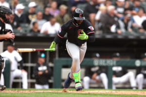 CHICAGO, ILLINOIS - JUNE 24: Kahlil Watson #31 of the Cleveland Guardians hits an RBI double during the sixth inning against the Chicago White Sox at Rate Field on June 24, 2026 in Chicago, Illinois.