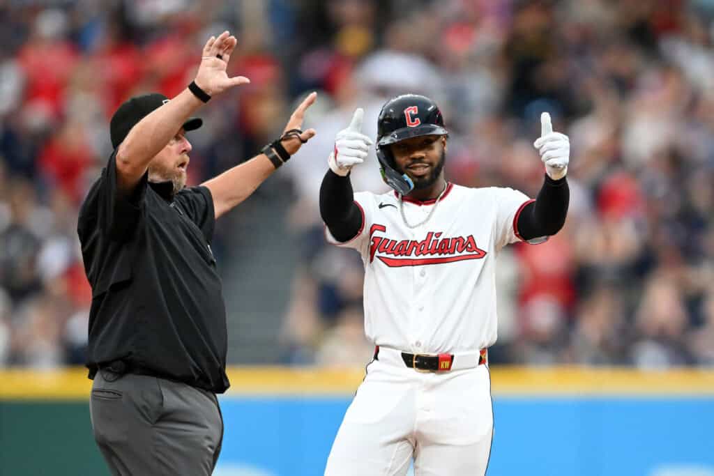 CLEVELAND, OHIO - JUNE 27: Kahlil Watson #31 of the Cleveland Guardians celebrates after hitting an RBI double during the fourth inning against the Seattle Mariners at Progressive Field on June 27, 2026 in Cleveland, Ohio.