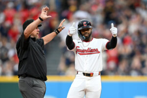 CLEVELAND, OHIO - JUNE 27: Kahlil Watson #31 of the Cleveland Guardians celebrates after hitting an RBI double during the fourth inning against the Seattle Mariners at Progressive Field on June 27, 2026 in Cleveland, Ohio.