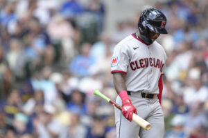 MILWAUKEE, WISCONSIN - JUNE 18: Kahlil Watson #31 of the Cleveland Guardians reacts after striking out swinging against the Milwaukee Brewers during the second inning in his MLB debut at American Family Field on June 18, 2026 in Milwaukee, Wisconsin.
