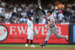 NEW YORK, NEW YORK - JUNE 03: Kyle Manzardo #9 of the Cleveland Guardians celebrates after hitting a solo home run during the second inning against the New York Yankees at Yankee Stadium on June 03, 2026 in the Bronx borough of New York City.