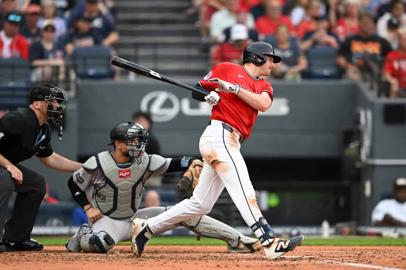 CLEVELAND, OHIO - JUNE 08: Kyle Manzardo #9 of the Cleveland Guardians hits an RBI fielder's choice during the third inning against the New York Yankees at Progressive Field on June 08, 2026 in Cleveland, Ohio.