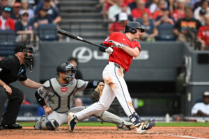 CLEVELAND, OHIO - JUNE 08: Kyle Manzardo #9 of the Cleveland Guardians hits an RBI fielder's choice during the third inning against the New York Yankees at Progressive Field on June 08, 2026 in Cleveland, Ohio.