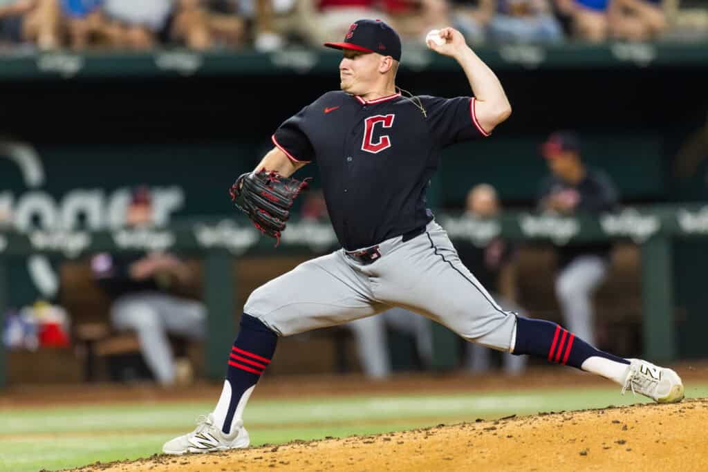 ARLINGTON, TEXAS - JUNE 05: Parker Messick #77 of the Cleveland Guardians pitches during the fifth inning of a game against the Texas Rangers at Globe Life Field on June 05, 2026 in Arlington, Texas.