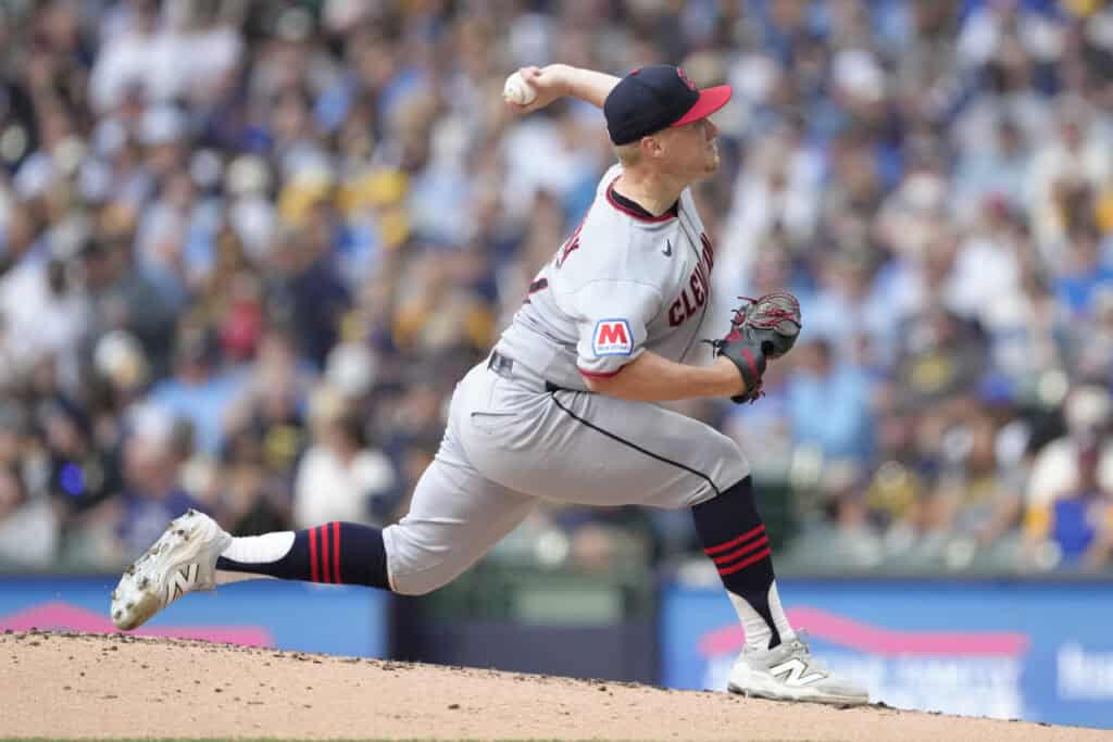 MILWAUKEE, WISCONSIN - JUNE 18: Parker Messick #77 of the Cleveland Guardians pitches against the Milwaukee Brewers during the second inning at American Family Field on June 18, 2026 in Milwaukee, Wisconsin.