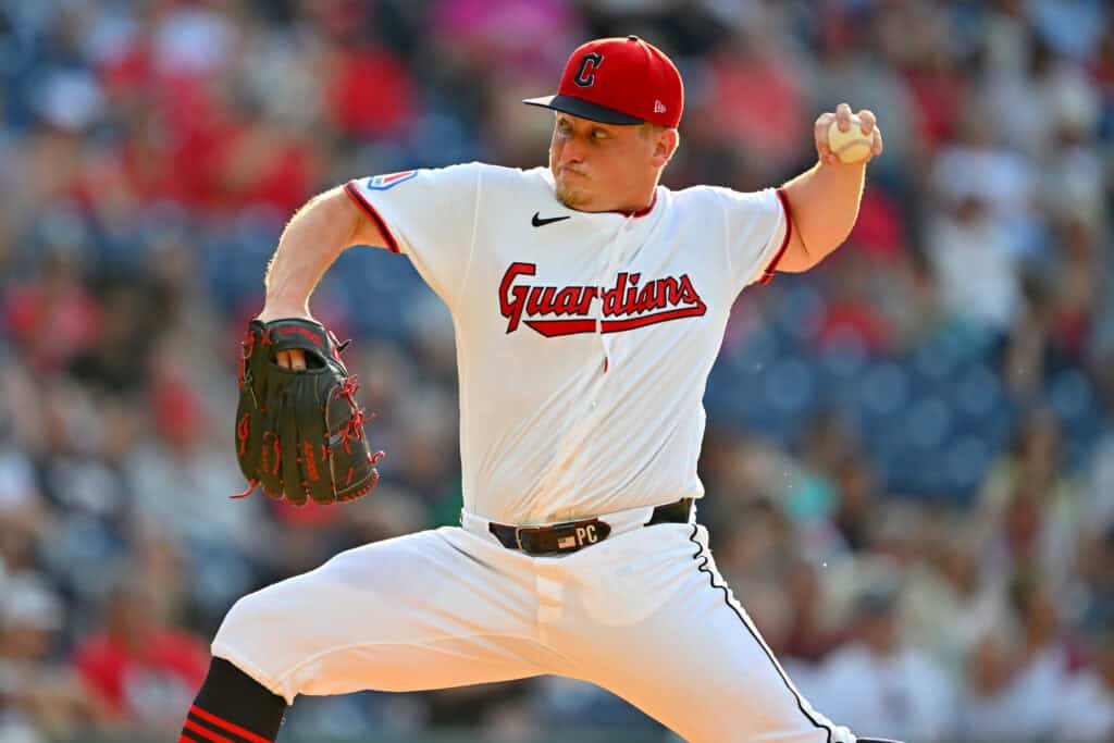 CLEVELAND, OHIO - JUNE 29: Starting pitcher Parker Messick #77 of the Cleveland Guardians pitches during the first inning against the Texas Rangers at Progressive Field on June 29, 2026 in Cleveland, Ohio.