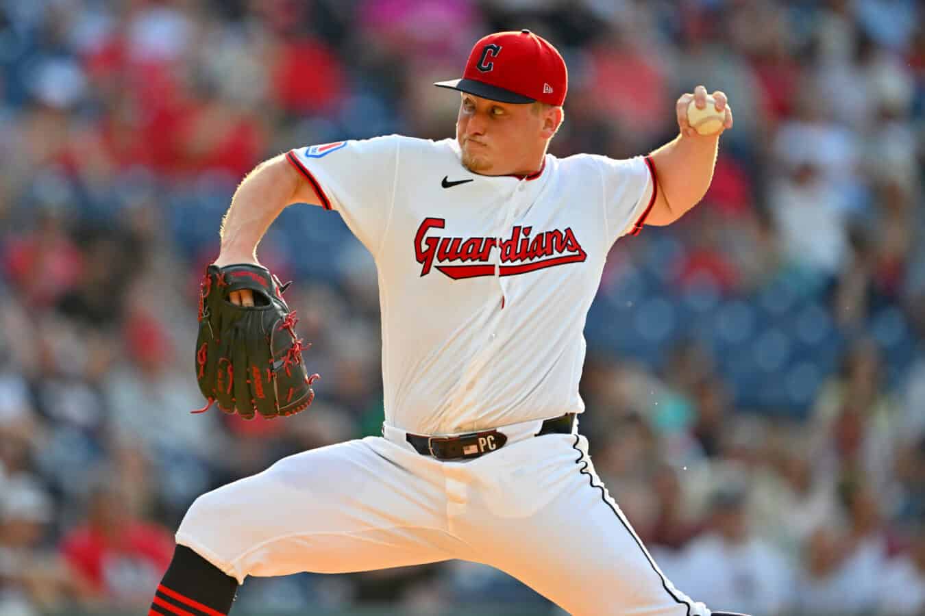CLEVELAND, OHIO - JUNE 29: Starting pitcher Parker Messick #77 of the Cleveland Guardians pitches during the first inning against the Texas Rangers at Progressive Field on June 29, 2026 in Cleveland, Ohio.