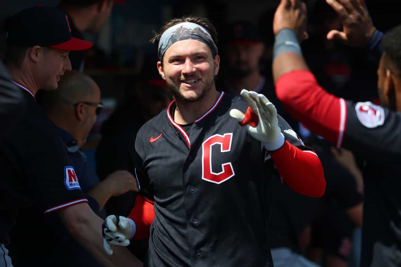 DETROIT, MICHIGAN - MAY 21: Patrick Bailey #16 of the Cleveland Guardians celebrates his eighth inning solo home run with teammates while playing the Detroit Tigers at Comerica Park on May 21, 2026 in Detroit, Michigan.