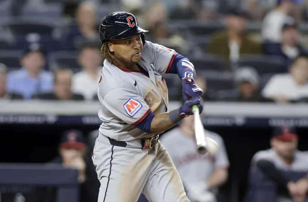 NEW YORK, NEW YORK - JUNE 02: Jose Ramirez #11 of the Cleveland Guardians hits an RBI double in the seventh inning against the New York Yankees at Yankee Stadium on June 02, 2026 in New York City.