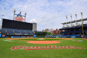 CLEVELAND, OHIO - JUNE 14: A view of the field after the game between the Cleveland Guardians and the Detroit Tigers was postponed due to pending severe weather at Progressive Field on June 14, 2026 in Cleveland, Ohio.
