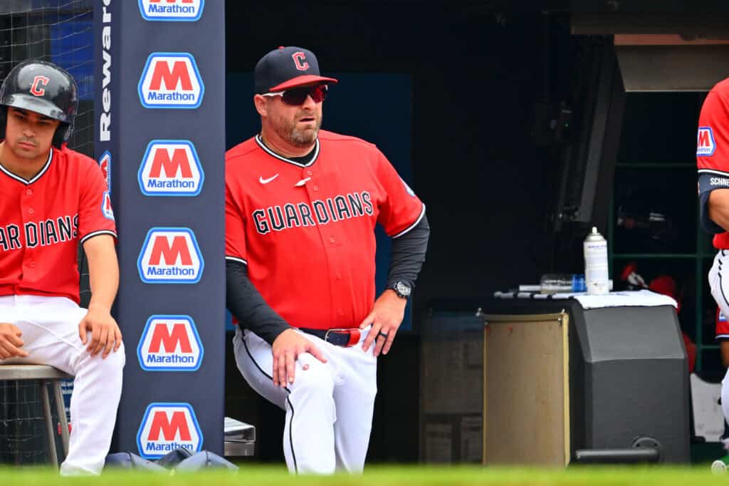 CLEVELAND, OHIO - MAY 27: Manager Stephen Vogt of the Cleveland Guardians watches from the dugout during the fourth inning against the Washington Nationals at Progressive Field on May 27, 2026 in Cleveland, Ohio.
