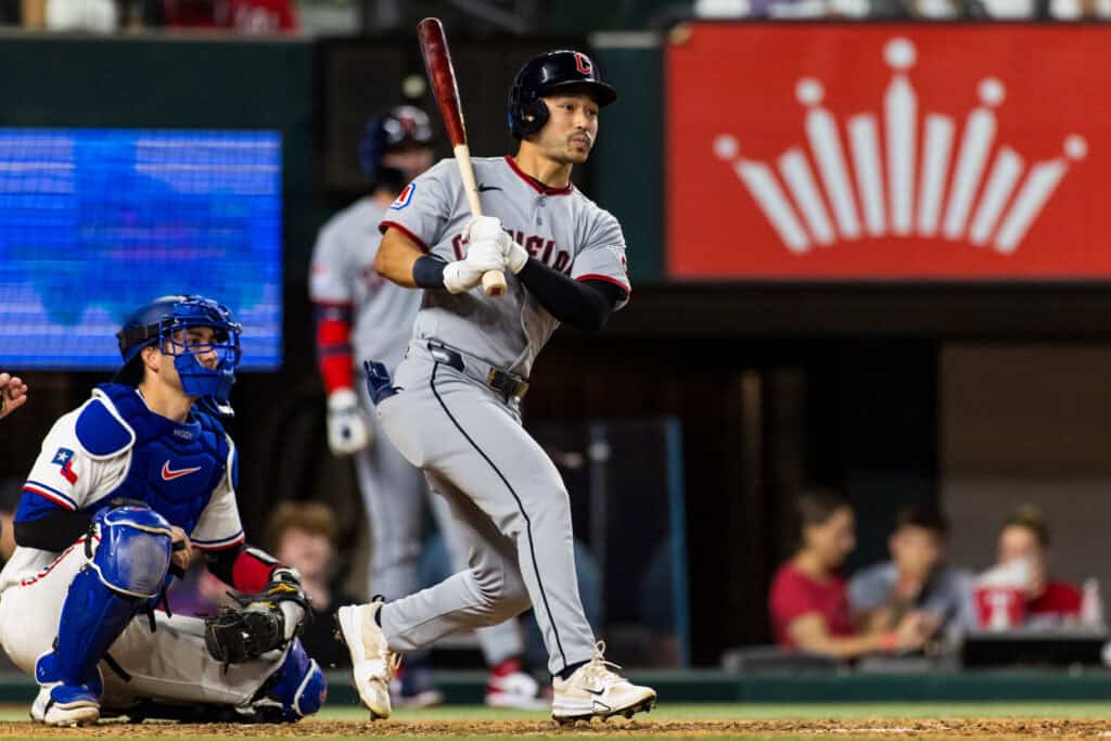 ARLINGTON, TEXAS - JUNE 06: Steven Kwan #38 of the Cleveland Guardians hits the ball during the eighth inning of a game against the Texas Rangers at Globe Life Field on June 06, 2026 in Arlington, Texas.