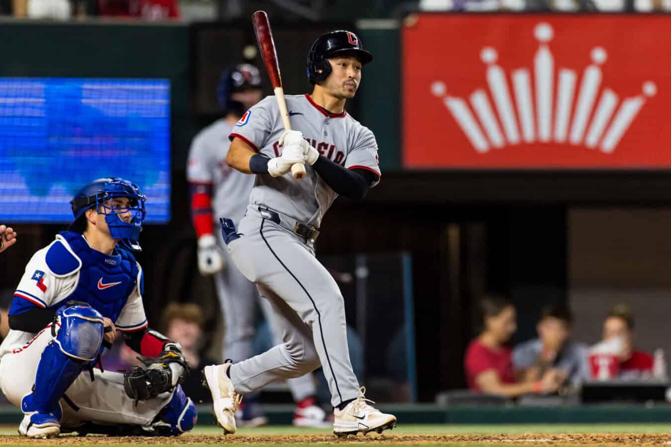 ARLINGTON, TEXAS - JUNE 06: Steven Kwan #38 of the Cleveland Guardians hits the ball during the eighth inning of a game against the Texas Rangers at Globe Life Field on June 06, 2026 in Arlington, Texas.
