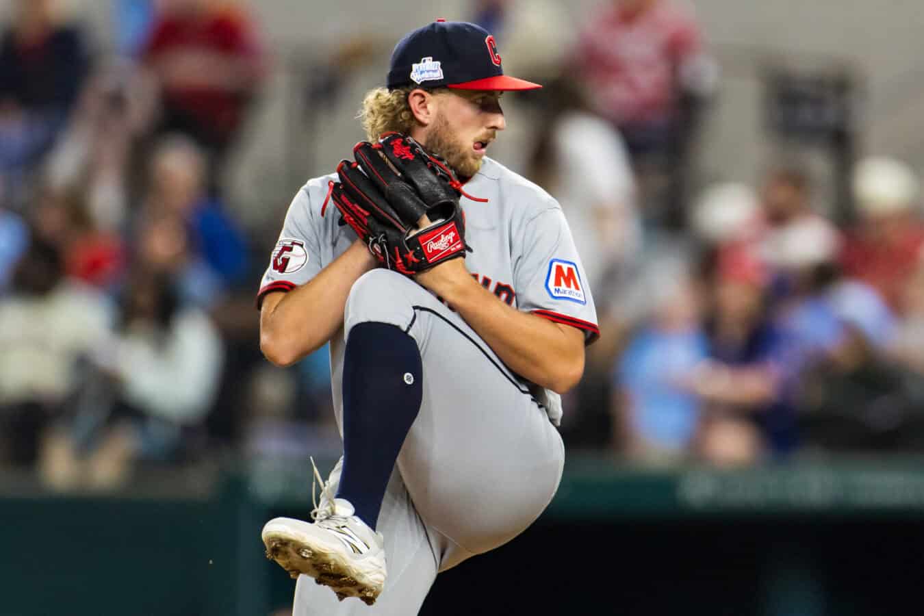 ARLINGTON, TEXAS - JUNE 06: Tanner Bibee #28 of the Cleveland Guardians pitches during the fourth inning of a game against the Texas Rangers at Globe Life Field on June 06, 2026 in Arlington, Texas.