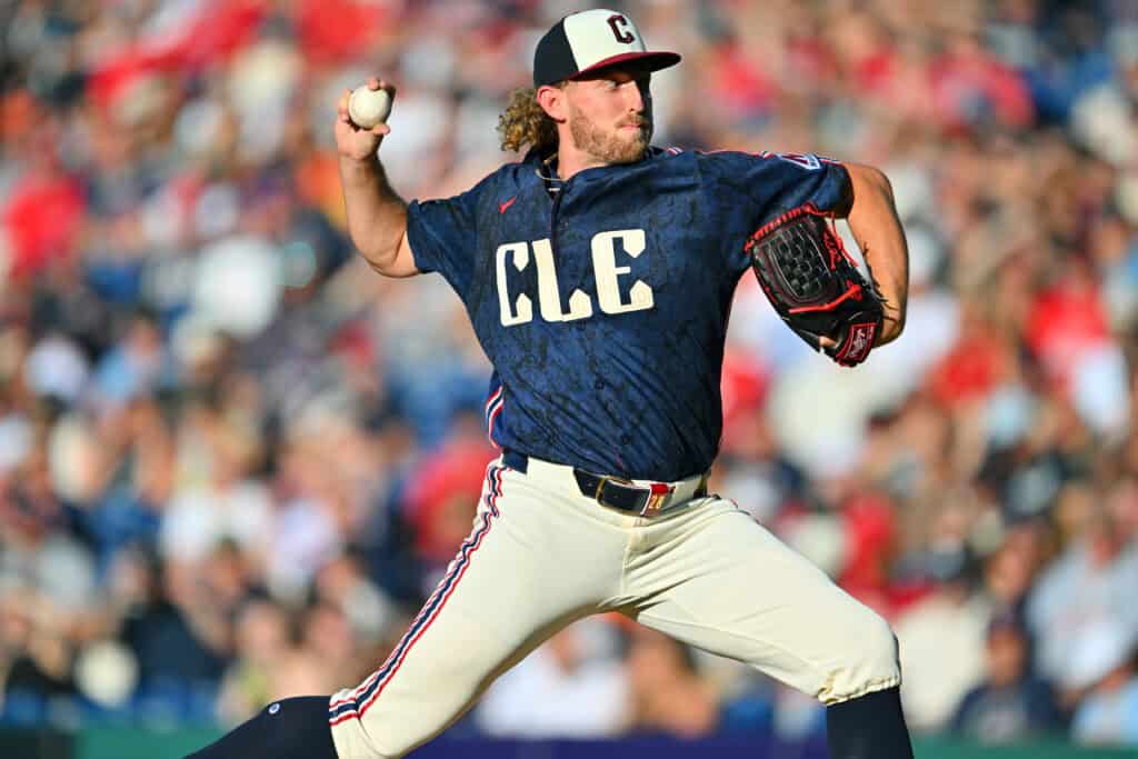 CLEVELAND, OHIO - JUNE 12: Starting pitcher Tanner Bibee #28 of the Cleveland Guardians pitches during the first inning against the Detroit Tigers at Progressive Field on June 12, 2026 in Cleveland, Ohio.