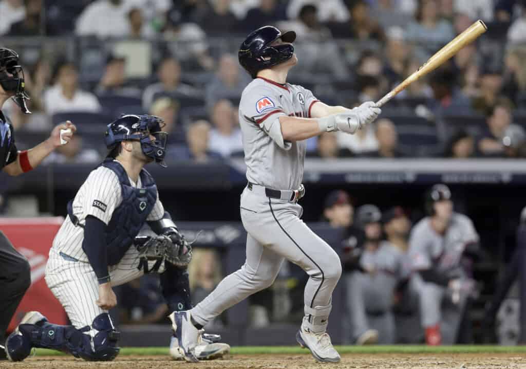 NEW YORK, NEW YORK - JUNE 02: Travis Bazzana #37 of the Cleveland Guardians follows through on his fifth inning run-scoring sacrifice fly against the New York Yankees at Yankee Stadium on June 02, 2026 in New York City.