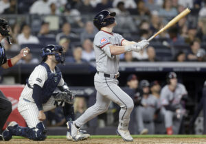 NEW YORK, NEW YORK - JUNE 02: Travis Bazzana #37 of the Cleveland Guardians follows through on his fifth inning run-scoring sacrifice fly against the New York Yankees at Yankee Stadium on June 02, 2026 in New York City.