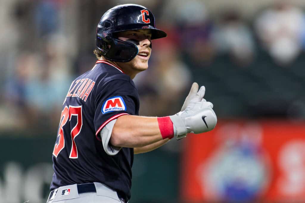 ARLINGTON, TEXAS - JUNE 05: Travis Bazzana #37 of the Cleveland Guardians gestures after hitting a home run during the first inning of a game against the Texas Rangers at Globe Life Field on June 05, 2026 in Arlington, Texas.