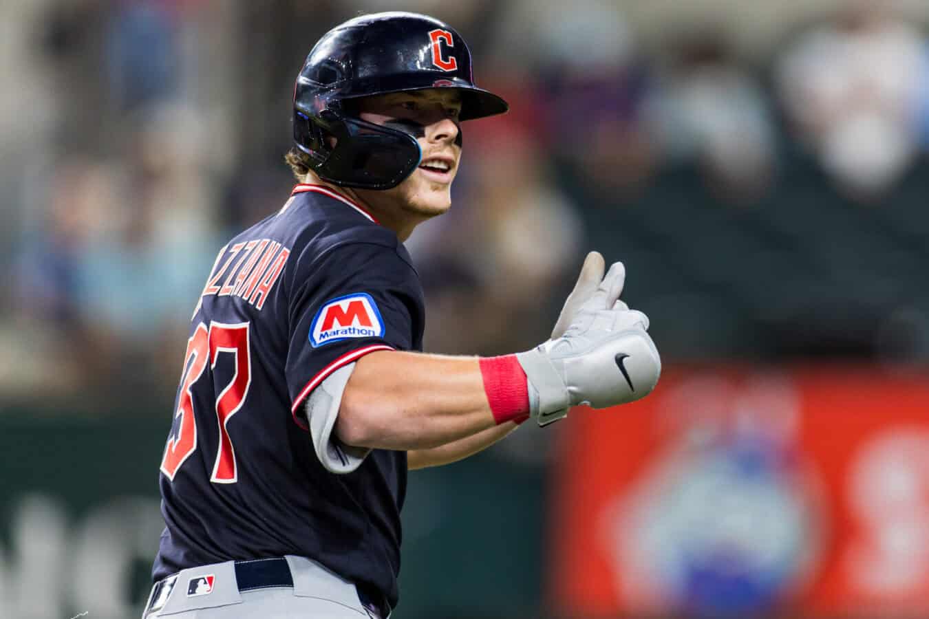 ARLINGTON, TEXAS - JUNE 05: Travis Bazzana #37 of the Cleveland Guardians gestures after hitting a home run during the first inning of a game against the Texas Rangers at Globe Life Field on June 05, 2026 in Arlington, Texas.