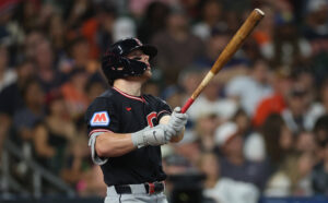 HOUSTON, TEXAS - JUNE 20: Travis Bazzana #37 of the Cleveland Guardians hits a three run home run in the fifth inning against the Houston Astros at Daikin Park on June 20, 2026 in Houston, Texas.