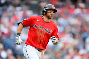 CLEVELAND, OHIO - MAY 27: Daniel Schneemann #10 of the Cleveland Guardians runs out a fly ball to end the seventh inning against the Washington Nationals at Progressive Field on May 27, 2026 in Cleveland, Ohio.