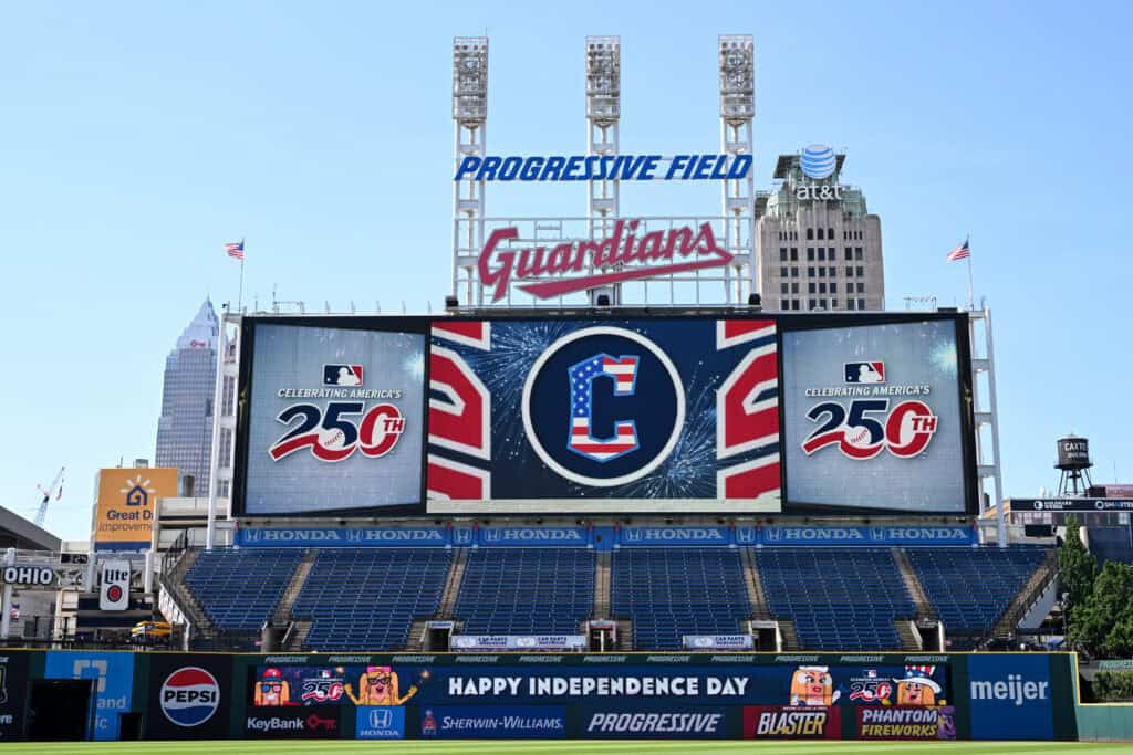 CLEVELAND, OHIO - JULY 04: A view of the scoreboard showing the MLB America 250 graphic prior to a game between the Chicago White Sox and the Cleveland Guardians at Progressive Field on July 04, 2026 in Cleveland, Ohio.