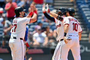 CLEVELAND, OHIO - JULY 01: Austin Hedges #27, Daniel Schneemann #10, and David Fry #6 of the Cleveland Guardians celebrate after all scored on a home run by Fry during the second inning against the Texas Rangers at Progressive Field on July 01, 2026, in Cleveland, Ohio.