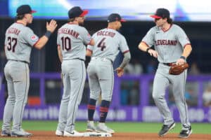 MIAMI, FLORIDA - JULY 10: Chase DeLauter #24 of the Cleveland Guardians celebrates with teammates after the game against the Miami Marlins at loanDepot park on July 10, 2026 in Miami, Florida.