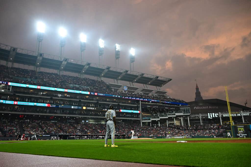 CLEVELAND, OHIO - JULY 18: Smoke from Canadian wildfires hovers over Progressive Field during the third inning in game two of a doubleheader between the Pittsburgh Pirates and the Cleveland Guardians on July 18, 2026 in Cleveland, Ohio.