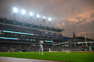 CLEVELAND, OHIO - JULY 18: Smoke from Canadian wildfires hovers over Progressive Field during the third inning in game two of a doubleheader between the Pittsburgh Pirates and the Cleveland Guardians on July 18, 2026 in Cleveland, Ohio.