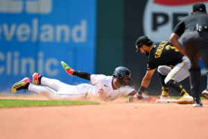 CLEVELAND, OHIO - JULY 19: Kahlil Watson #31 of the Cleveland Guardians is picked off at second base by Nick Gonzales #3 of the Pittsburgh Pirates during the seventh inning at Progressive Field on July 19, 2026 in Cleveland, Ohio.