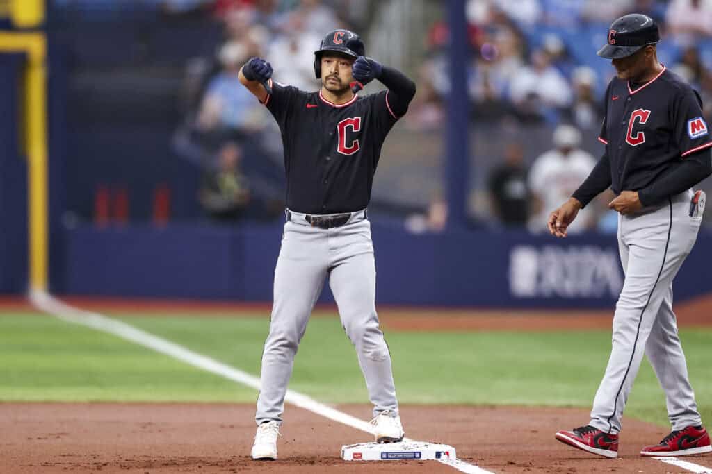 ST PETERSBURG, FLORIDA - JULY 25: Steven Kwan #38 of the Cleveland Guardians reacts to a single in the top of the first inning against the Tampa Bay Rays at Tropicana Field on July 25, 2026 in St Petersburg, Florida.