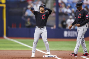 ST PETERSBURG, FLORIDA - JULY 25: Steven Kwan #38 of the Cleveland Guardians reacts to a single in the top of the first inning against the Tampa Bay Rays at Tropicana Field on July 25, 2026 in St Petersburg, Florida.