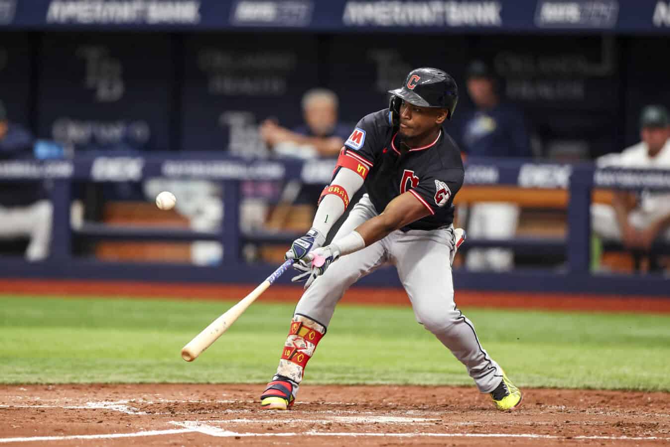 ST PETERSBURG, FLORIDA - JULY 25: Angel Martinez #1 of the Cleveland Guardians bats in the top of the third inning against the Tampa Bay Rays at Tropicana Field on July 25, 2026 in St Petersburg, Florida.