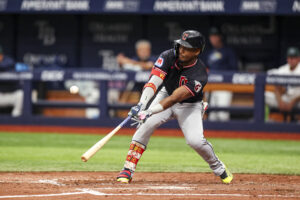 ST PETERSBURG, FLORIDA - JULY 25: Angel Martinez #1 of the Cleveland Guardians bats in the top of the third inning against the Tampa Bay Rays at Tropicana Field on July 25, 2026 in St Petersburg, Florida.