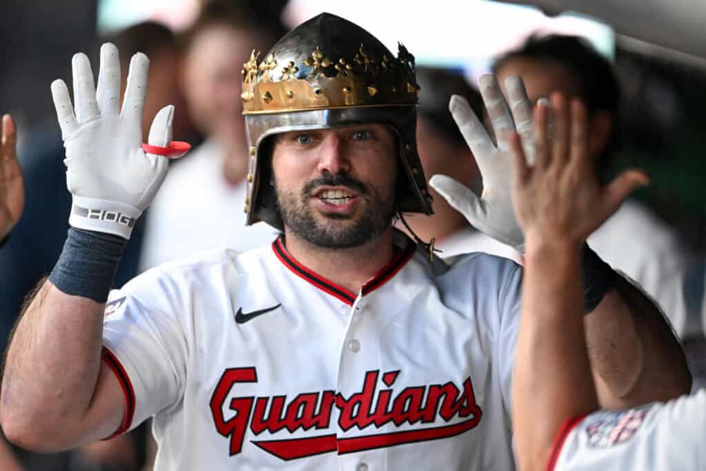 CLEVELAND, OHIO - JULY 04: Austin Hedges #27 of the Cleveland Guardians celebrates with teammates after hitting a solo home run during the fifth inning against the Chicago White Sox at Progressive Field on July 04, 2026 in Cleveland, Ohio.