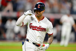 CLEVELAND, OHIO - JULY 02: Brayan Rocchio #4 of the Cleveland Guardians celebrates as he rounds the bases on his walk-off two-run home run during the ninth inning against the Chicago White Sox at Progressive Field on July 02, 2026 in Cleveland, Ohio. The Guardians defeated the White Sox 6-5.