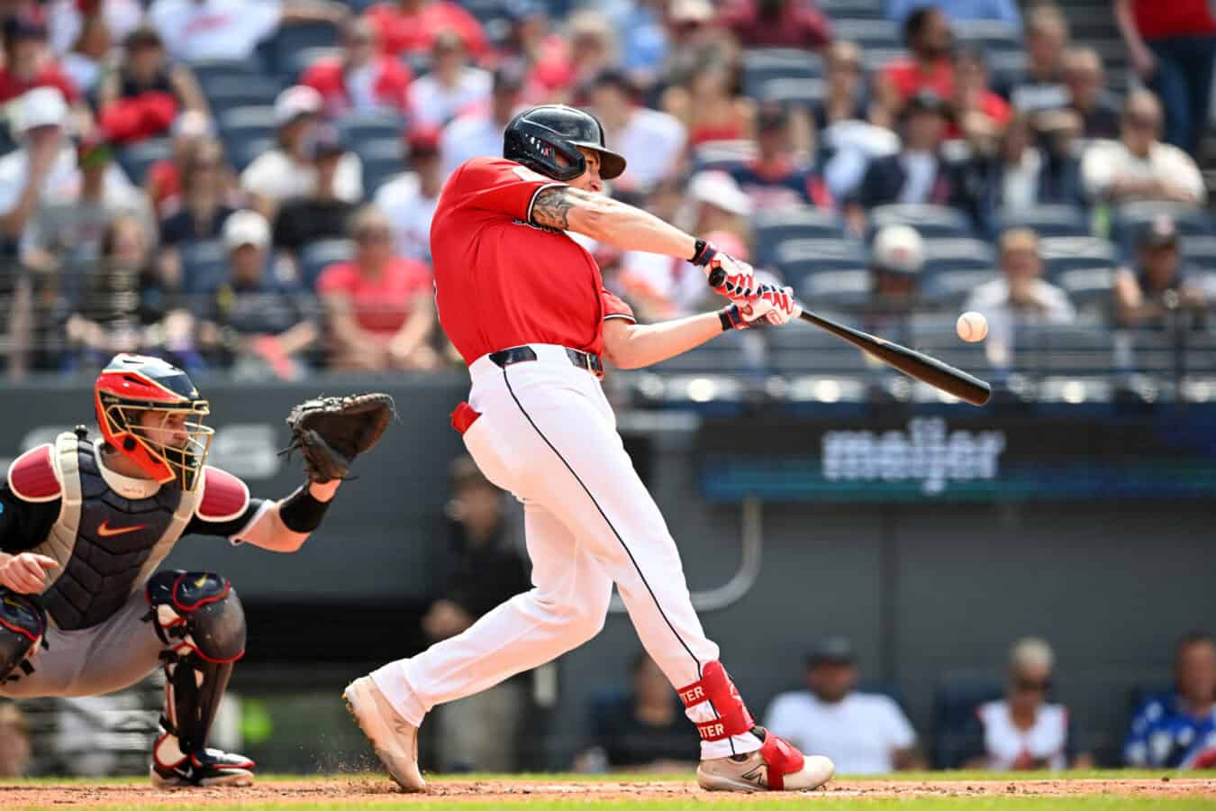 CLEVELAND, OHIO - JULY 05: Chase DeLauter #24 of the Cleveland Guardians hits a two-run home run during the first inning against the Chicago White Sox at Progressive Field on July 05, 2026 in Cleveland, Ohio.