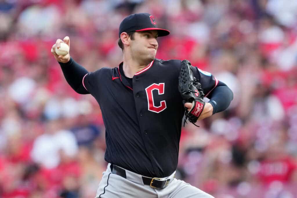 CINCINNATI, OHIO - JULY 28: Gavin Williams #32 of the Cleveland Guardians pitches in the first inning against the Cincinnati Reds during game two of a doubleheader at Great American Ball Park on July 28, 2026 in Cincinnati, Ohio.